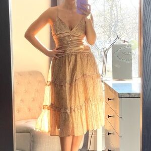 Floral Tan Women's Midi Dress with back zipper and front decor buttons size M